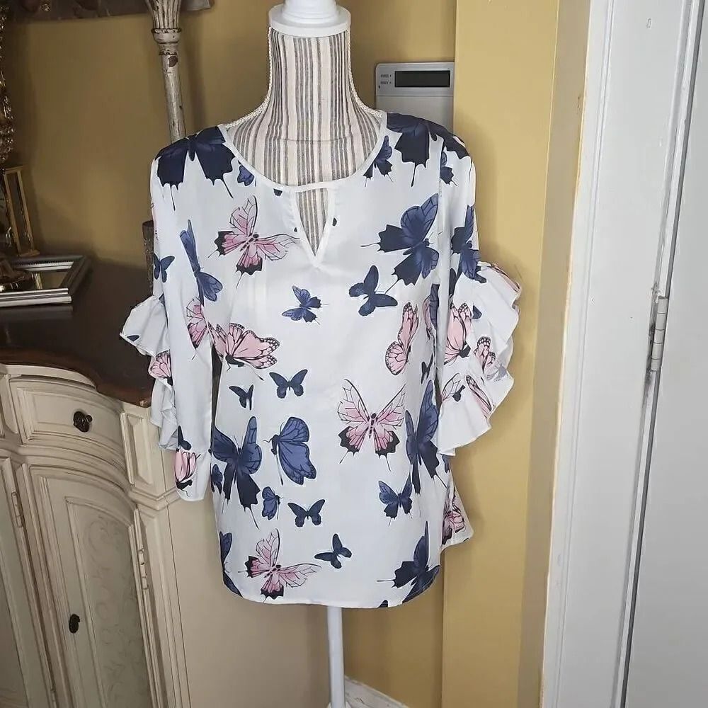 Shein butterfly ruffle sleeve blouse women's size S